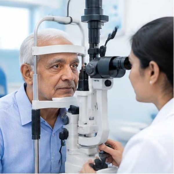 Patient having an eye examination for cataract concerns