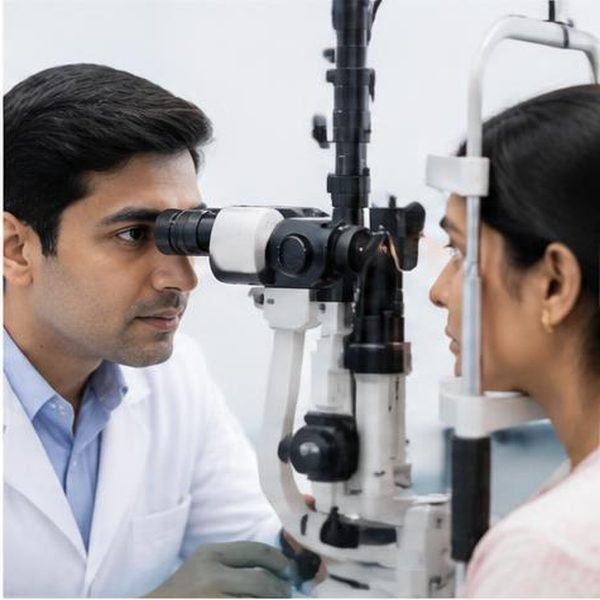 Specialist examining a patient's eye at a slit lamp