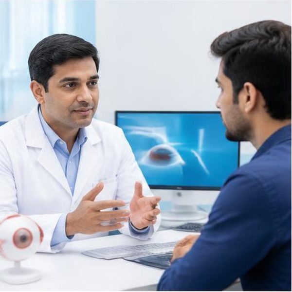Patient discussing laser vision correction with an eye specialist